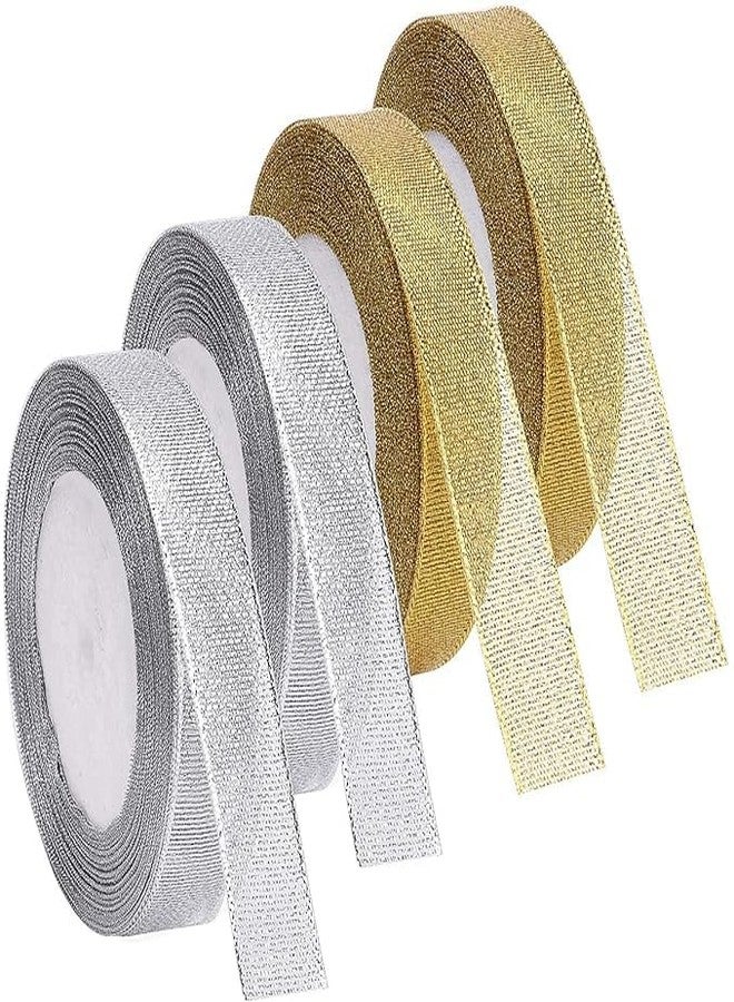 SEJASCOLLECTIONS Metallic Glitter Ribbon Golden and Silvery 4 Roll (L= 100 W= 0.5 inch) Yards for Holiday,christmas Wedding Party Decoration Gift Wrapping (Half Inches) Total Metallic Glitter Ribbon for Gift Wrapping Birthday Holiday Graduation Party Decoration (Golden, Silvery) - Image 1